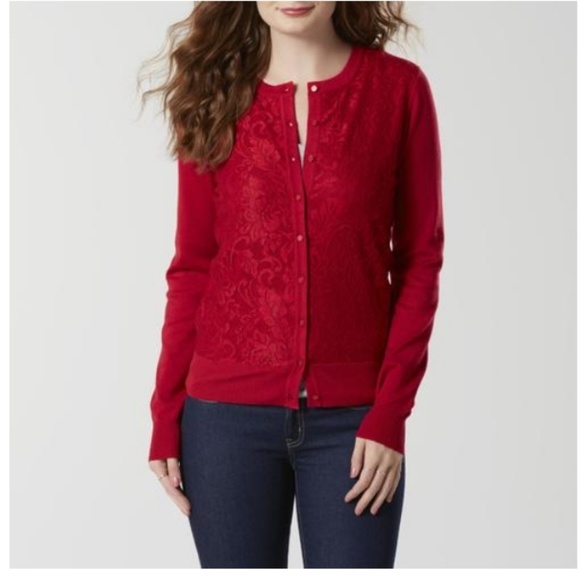 Simply Styled Sweaters - Red lace front button down cardigan LARGE